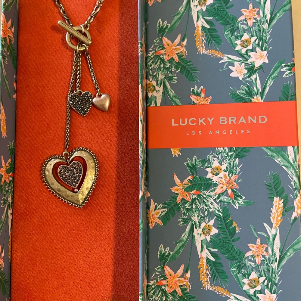 Lucky Brand Gold Toggle Necklace with 3 Hearts